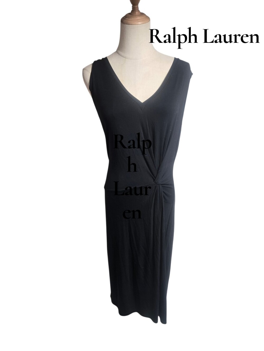 Ralph Lauren Vintage  Y2K/90s Black Sleeveless V-Neck Twist-Waist Midi Dress